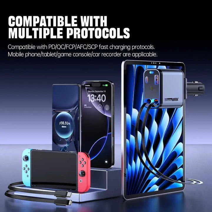Retractable Car Charger 60W Fast Charging – USB-C & Lightning Cable for Vehicle